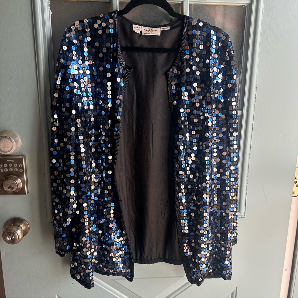 Vintage Sequin Beaded 100% Silk Oversized Jacket Oleg Cassini Silver & Blue L - Picture 8 of 12